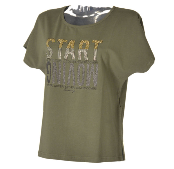 T-SHIRT DONNA COTONE MANICA SCESA GIROCOLLO SPACCHETTI STAMPA STRASS MARCA COVERI ART.DT3063