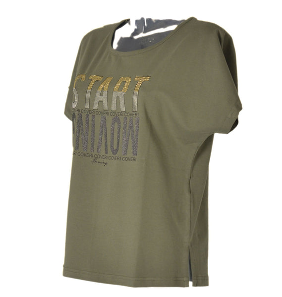 T-SHIRT DONNA COTONE MANICA SCESA GIROCOLLO SPACCHETTI STAMPA STRASS MARCA COVERI ART.DT3063