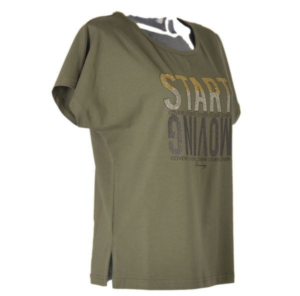 T-SHIRT DONNA COTONE MANICA SCESA GIROCOLLO SPACCHETTI STAMPA STRASS MARCA COVERI ART.DT3063