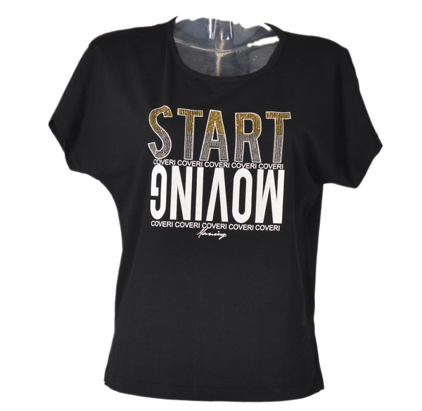 T-SHIRT DONNA COTONE MANICA SCESA GIROCOLLO SPACCHETTI STAMPA STRASS MARCA COVERI ART.DT3063